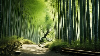 A calm and soothing scene of a tranquil bamboo grove with a soft light and a gentle breeze