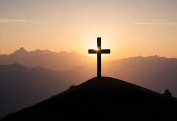 A large cross on top of a hill with the sun setting behind mountains - obrazy, fototapety, plakaty
