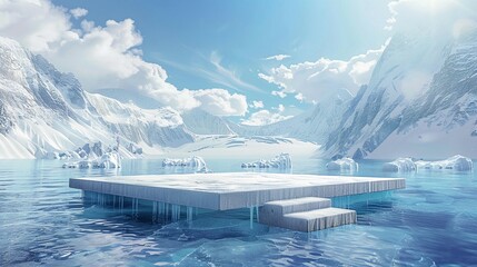 3D ice podium, cold water and snow backdrop, mountain platform, arctic winter sea, refreshing ad