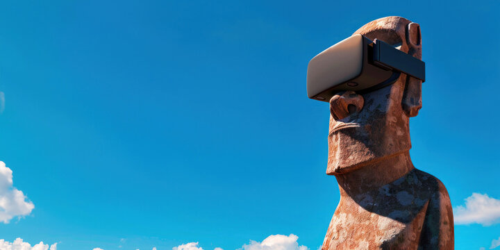 A stone statue on Easter Island equipped with virtual reality glasses, serving as an iconic image for historical VR experiences or a symbolic banner for cultural heritage exploration.
