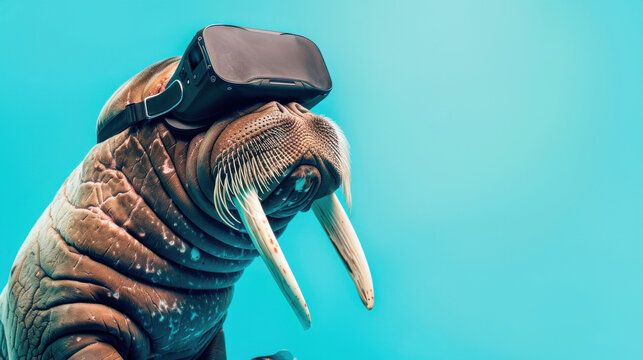 A walrus with VR glasses is a playful twist on technology in nature, ideal for marketing VR products with humor or for environmental education programs with an engaging twist.