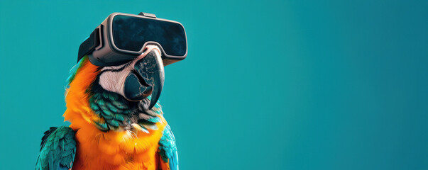 A vibrant parrot adorned with virtual reality glasses, standing against a teal background, suitable for creative tech presentations or engaging educational content about nature and technology converge