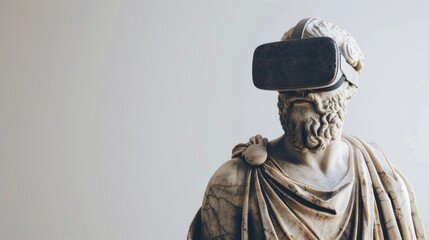 An ancient Greek philosopher statue equipped with virtual reality glasses to possibly depict the merging of classic knowledge with modern technology or for educational interfaces. - obrazy, fototapety, plakaty