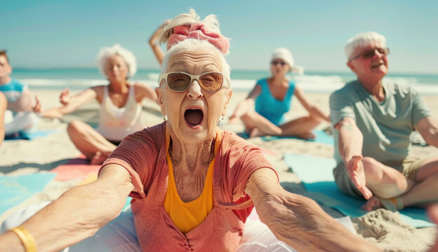 A group of seniors practicing yoga on the beach captures a moment of active aging and could be perfect for health and wellness campaigns.
