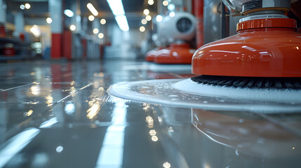 Automated cleaning machine polishing the floor in a modern hallway. Concept for robotics in maintenance, efficiency in cleaning services, and technological advancement in facility management - obrazy, fototapety, plakaty