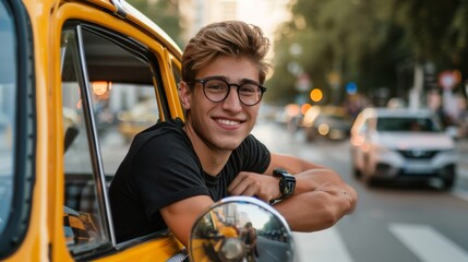 Smiling Man in Yellow Taxi