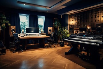 High-tech Sound music studio inside. Pro set equipment. Generate Ai
