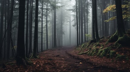 A misty woodland scene with tall trees and a path leading into the unknown
