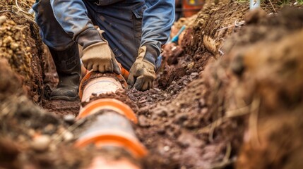 Fototapeta premium Worker Installing Underground Pipeline