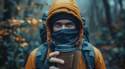A man in a yellow jacket and hoodie holding coffee cup, AI