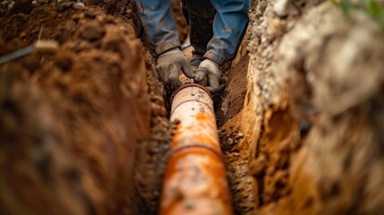Fototapeta premium Worker Installing Sewer Pipelines