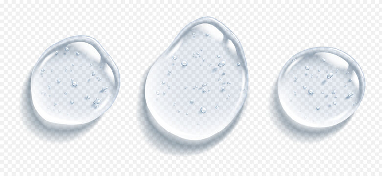 Collagen gel clear drops realistic vector illustration set. Cosmetic serum spots. Anti aging skincare product 3d objects on transparent background