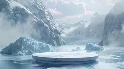 Arctic scene podium, ice and water background, snowy mountain display, cold nature, 3D ad platform