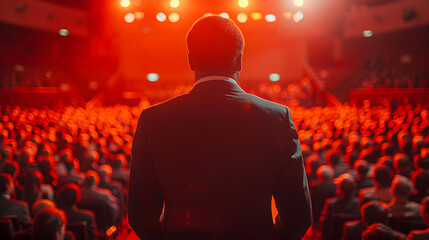 Speaker standing confidently in front of a large audience in an auditorium.Leadership, public speaking, and conference concept ideal for depicting communication,influence and professional presentation