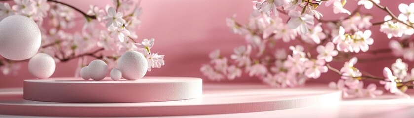 Beauty product podium, pink spring flower backdrop, 3D white blossom scene, summer abstract stage