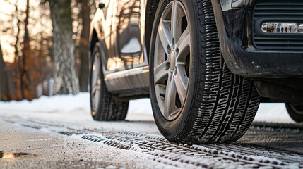 Close-Up of Car Tyre on Snow-Covered Road - Perfect for Seasonal Car Maintenance Guides & Adventure Travel Blogs