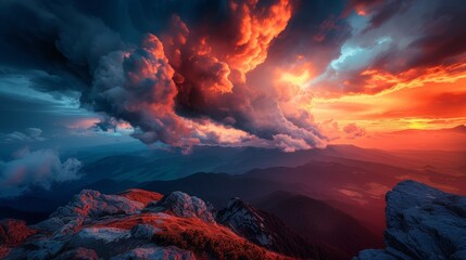 A beautiful sunset over a mountain range with clouds and mountains, AI