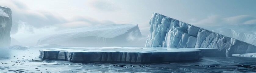 Cold glacier podium, ice water background, snowy mountain scene, arctic sea platform, 3D ad - obrazy, fototapety, plakaty