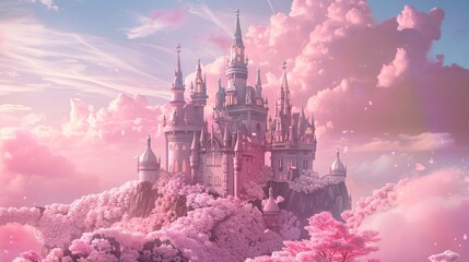 a castle on a hill with pink trees