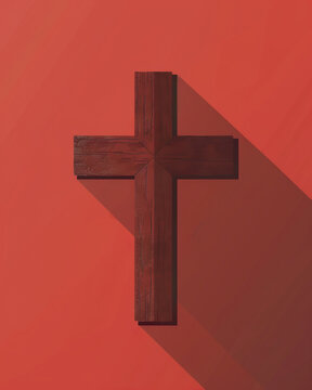 Rustic Red Wooden Cross with Dramatic Shadow on Red Background
