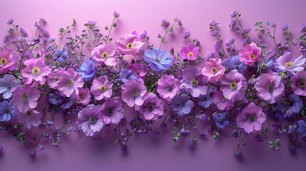 Wall-mounted purple petunias arrangement on a pink gradient background with copy space for design and print. - obrazy, fototapety, plakaty