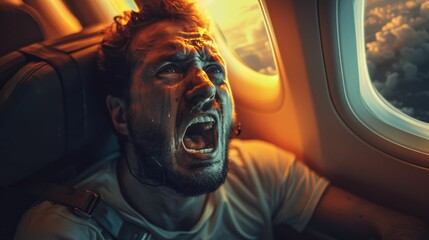 A hyper-realistic photo of a passenger gripping the armrest tightly, facial expression caught in a moment of aerophobia, cinematic lighting highlighting the tension - obrazy, fototapety, plakaty
