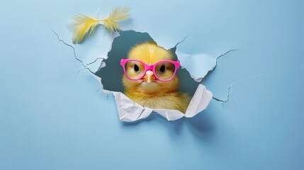 A small yellow bird wearing pink glasses peeks out of a hole in a blue wall