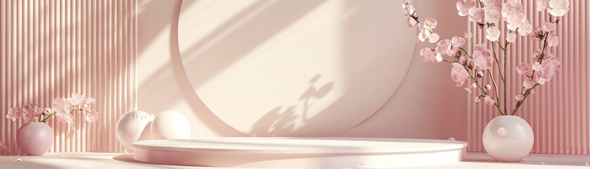 Cream studio podium 3D, minimal pastel scene, soft pink white shadow, luxury abstract platform