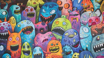 A large group of colorful monsters painted on a wall