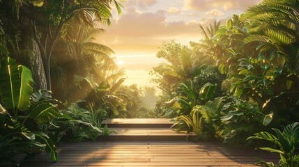 Eco presentation platform, lush tropical foliage scene, golden hour lighting, wide angle shot