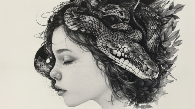 A black and white photo of a woman with a snake on her head