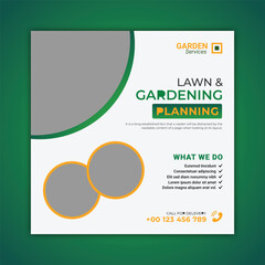 Lawn Mower Garden or Landscaping Service Social Media Post and Web Banner Template. Mowing poster, leaflet, poster design. grass, equipment, gardener