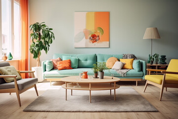 An HD-captured image of a sleek and vibrant Scandinavian living room, featuring bright-colored furnishings, natural textures, and a warm and welcoming atmosphere.