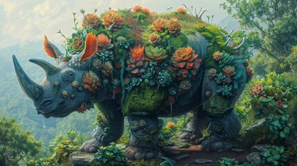 A rhino with a bunch of plants on its back, AI - obrazy, fototapety, plakaty