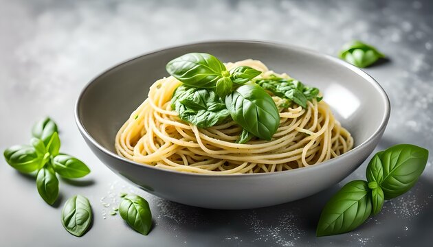 Pasta spaghetti with pesto sauce and fresh basil leaves in gray bowl. Light grey background
