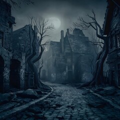 A hauntingly beautiful 3D render of a deserted village, shrouded in a thick, foggy gray haze. The eerie quiet is punctuated by the twisted, dark trees that surround the dilapidated buildings.  - obrazy, fototapety, plakaty