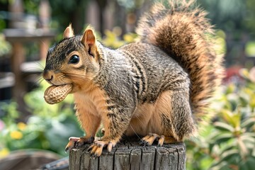 brown squirrel perching on fence post with peanut in mouth  