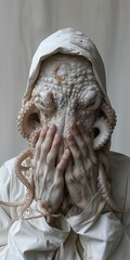 hybrid half human half octopus with hands on the face