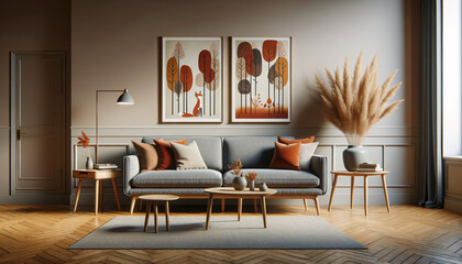 An inviting and warm interior space that features a mid-century modern aesthetic