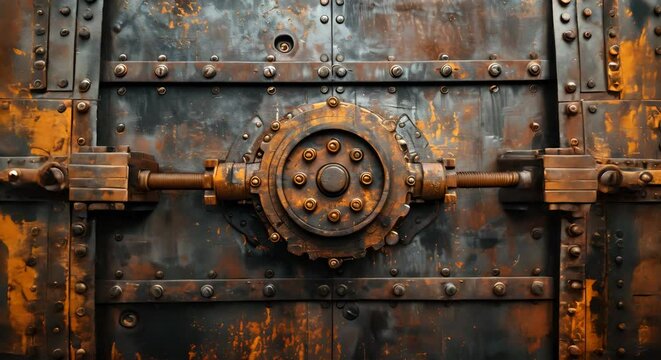 Vintage bank vault door, intricate locking mechanism,