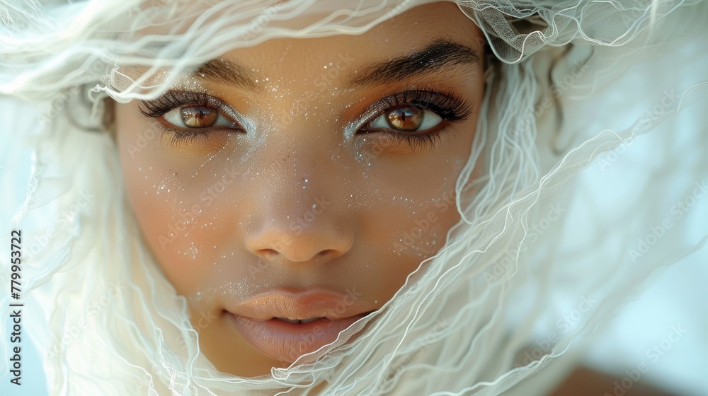 Sticker Close-up portrait of a beautiful young woman with long hair in a white veil