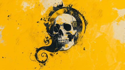 A skull painted on a yellow background with swirls, AI