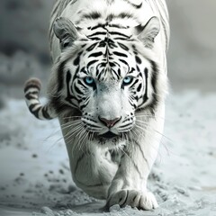 a white tiger with blue eyes walking on snow