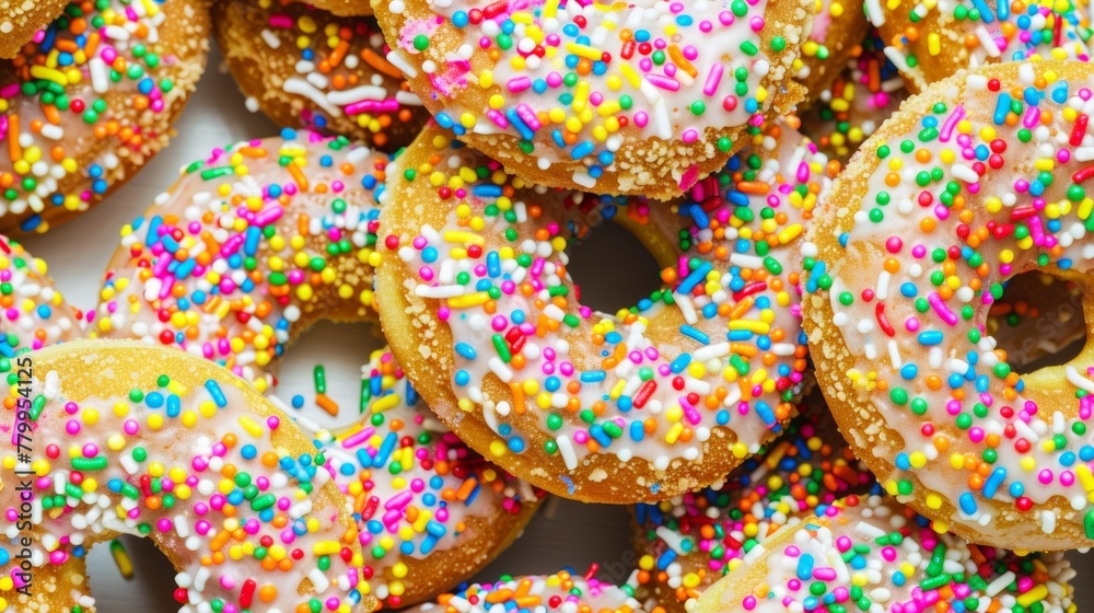 Wall mural fried doughnuts with rainbow sprinkles close-up texture background