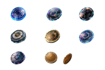 Eight round ones abstract images of a chip. Creative concept related to brain implant technology. AI, meta-universe and technological concept.