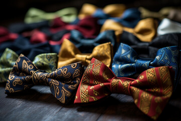 An HD-captured image presenting an assortment of elegant bow ties in multi-colored silk satin, each with its unique and refined pattern, making a fashionable statement. - Powered by Adobe