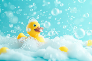 Yellow rubber duck in a soap foam on the light turquoise background with flying soap bubbles. Copy space