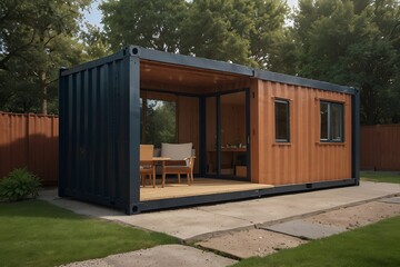 Fototapeta na wymiar Modern container house home in the garden, Shipping container houses is luxurious, Eco-friendly living accommodation and comfortable, ordinary home in vacations 