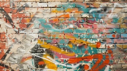 Graffiti-covered brick wall close-up texture background 