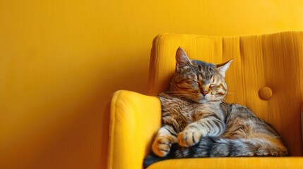 A cat sleeping in a chair, plain yellow wall